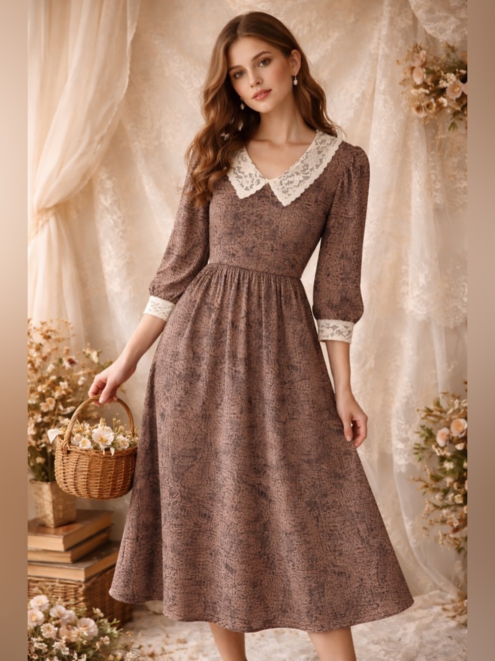 Vintage Lady Carol Prairie Dress Lace Collar Cottagecore Midi Brown 10